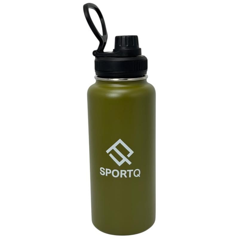 SportQThermal Water Bottle 1000ml SUS304 Stainless Steel – 6 Hours Hot & 12 Hours Cold Insulated – Leak Proof with Strong Handle – Suitable for Gym, Trips, School (Army Green, X-Hydrate) ‎SportQ