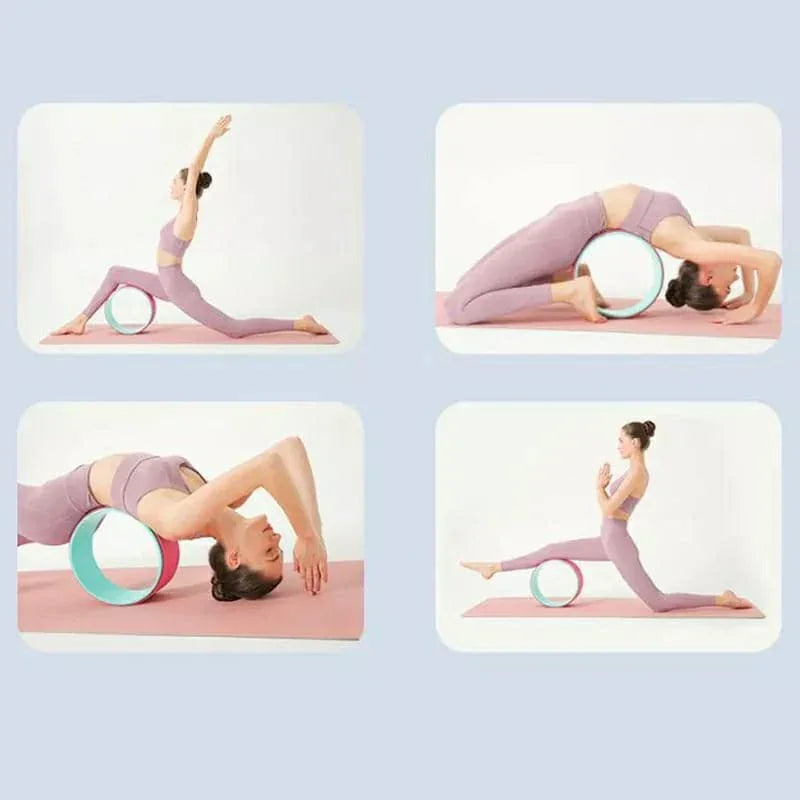 Woman in workout clothes demonstrating yoga wheel exercises on a yoga mat for SportQ Egypt.