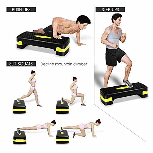 Men and women demonstrating push-ups, step-ups, and split-squats on a SportQ aerobic stepper, home gym equipment Egypt.