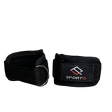 SportQ black ankle straps for gym workouts with metal D-rings on white background