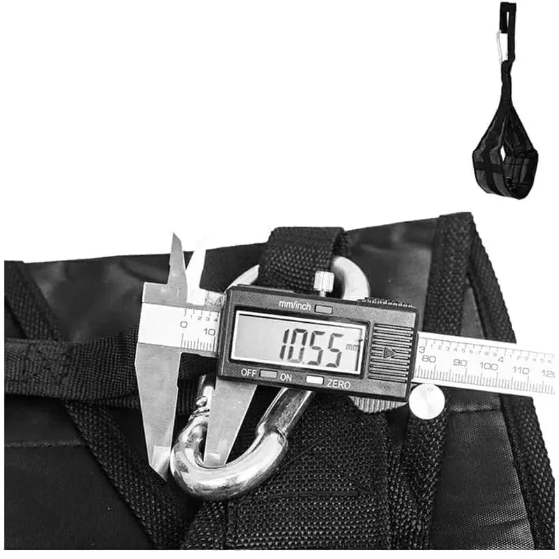 Close-up of sports gym strap with metal carabiner, measured by digital caliper, SportQ Egypt equipment
