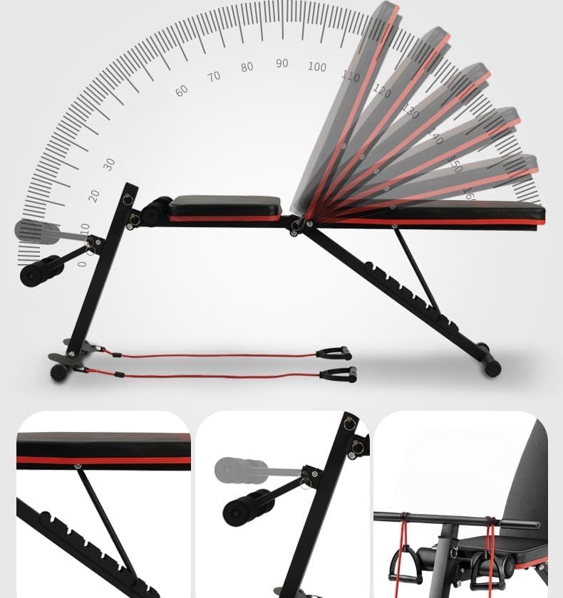 SportQ Adjustable Weight Bench Foldable Exercise Bench 250kg Large Capacity Elastic Ropes for Home Gym Strength Training Full Body Fitness Sit Up Flat Incline ‎SportQ