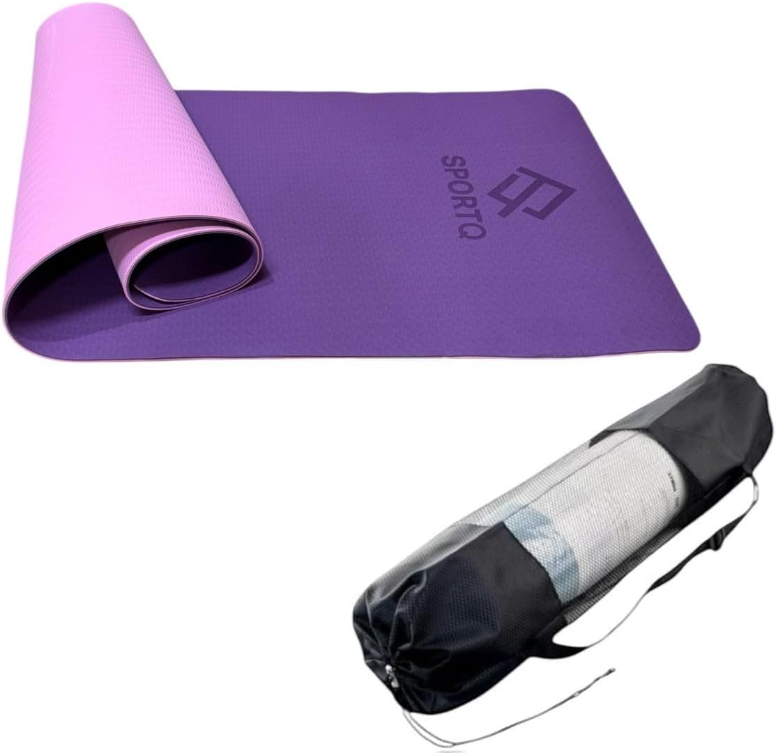TPE Premium SportQ Non Slip Yoga Mat 6mm Thick – Light & Eco-Friendly Yoga Mat with Carrying Bag, Sweat & Water Resistant for Home Workout, Gym, Pilates, Yoga, Abdominal Workouts 183x61cm SportQ