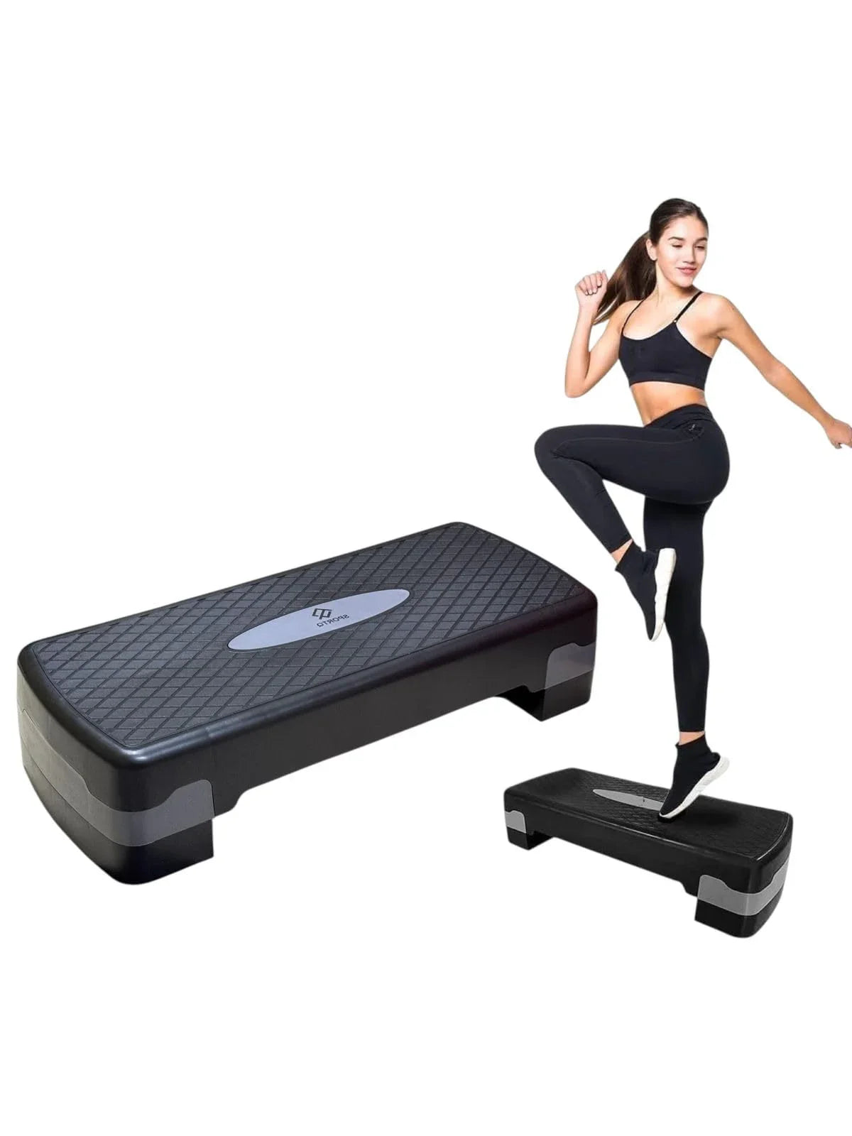 Woman exercising on a black aerobic stepper, gym workout equipment from SportQ Egypt