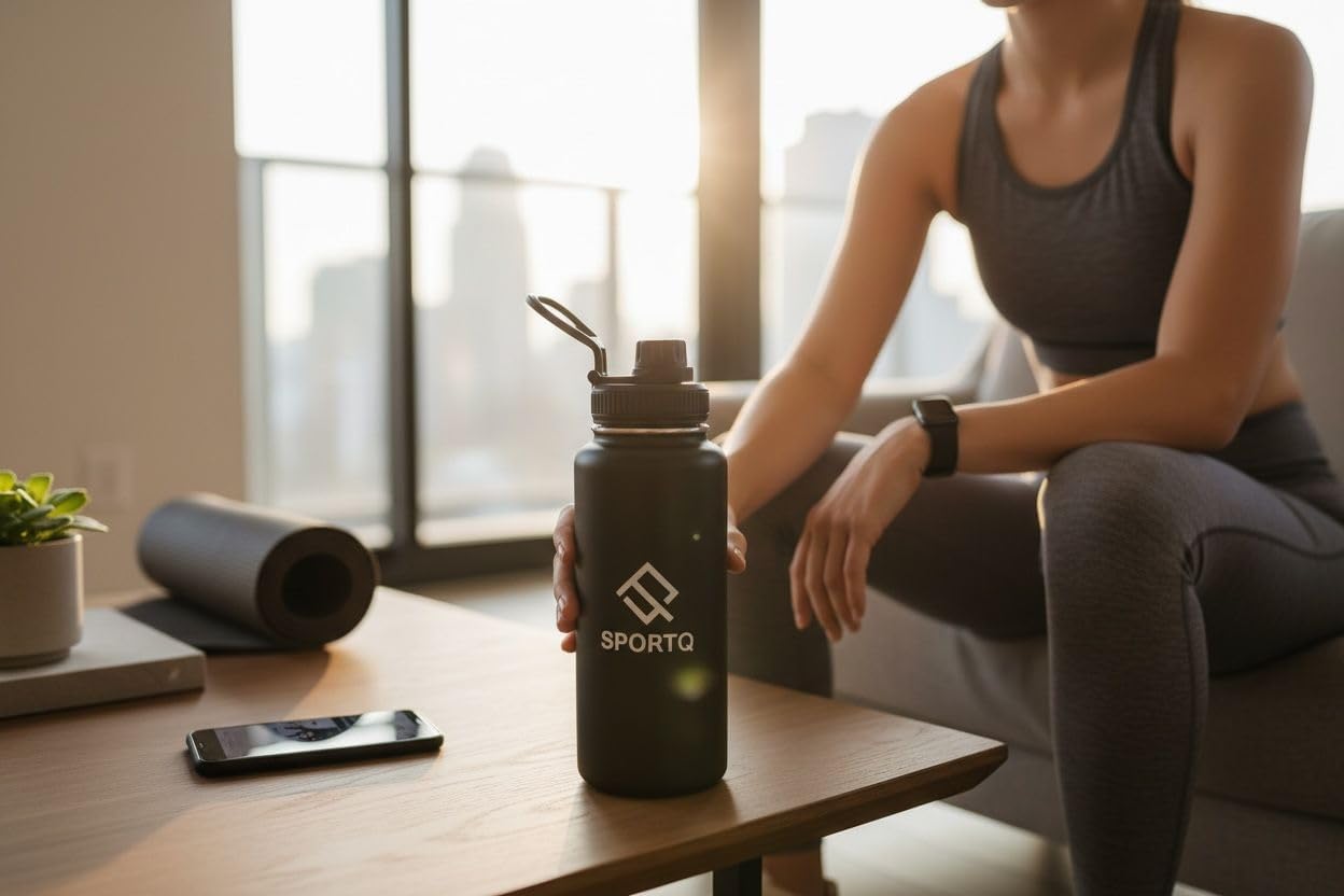 SportQThermal Water Bottle 1000ml SUS304 Stainless Steel – 6 Hours Hot & 12 Hours Cold Insulated – Leak Proof with Strong Handle – Suitable for Gym, Trips, School (Army Green, X-Hydrate) ‎SportQ