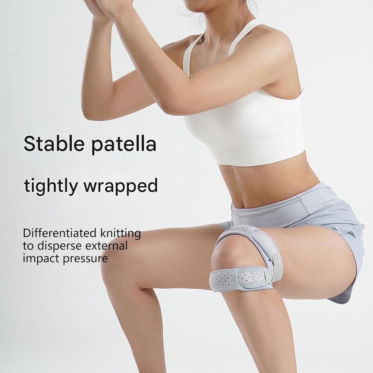 ركبة رفع اثقال رياضية قابلة للتعديل بحزام ضغط مزدوج، داعم للرضفة بتصميم مفتوح وفتحات تهوية، تثبيت مريح للركبة أثناء الجري والتمارين والرياضة، مقاس قابل للتعديل