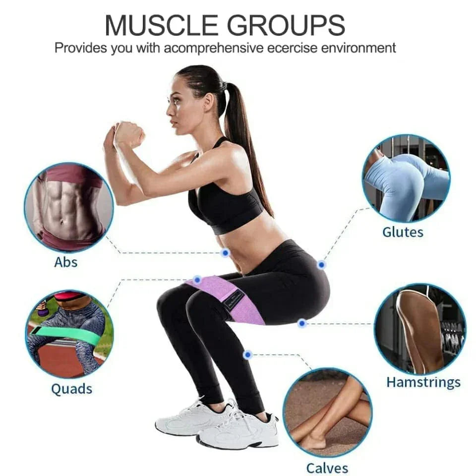 Woman using a resistance band for squat exercise, targeting abs, glutes, quads, hamstrings, and calves.