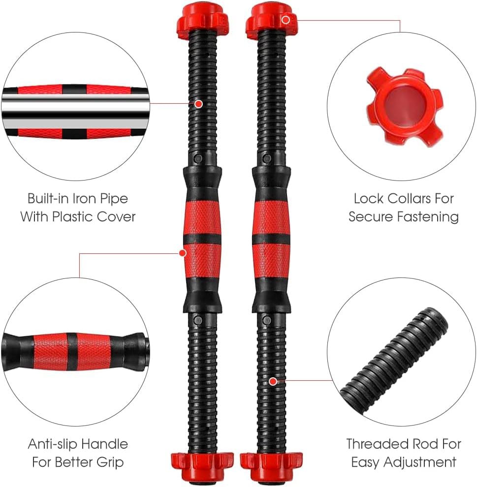 Dumbbell Bar Pair 50cm with Dumbbell Conversion Connector for Training Bar Mountable with Safety Nuts, Non-Slip Handle Strong Iron Barbell Suitable for Barbell and Rubber (Without Weights Frames) SportQ