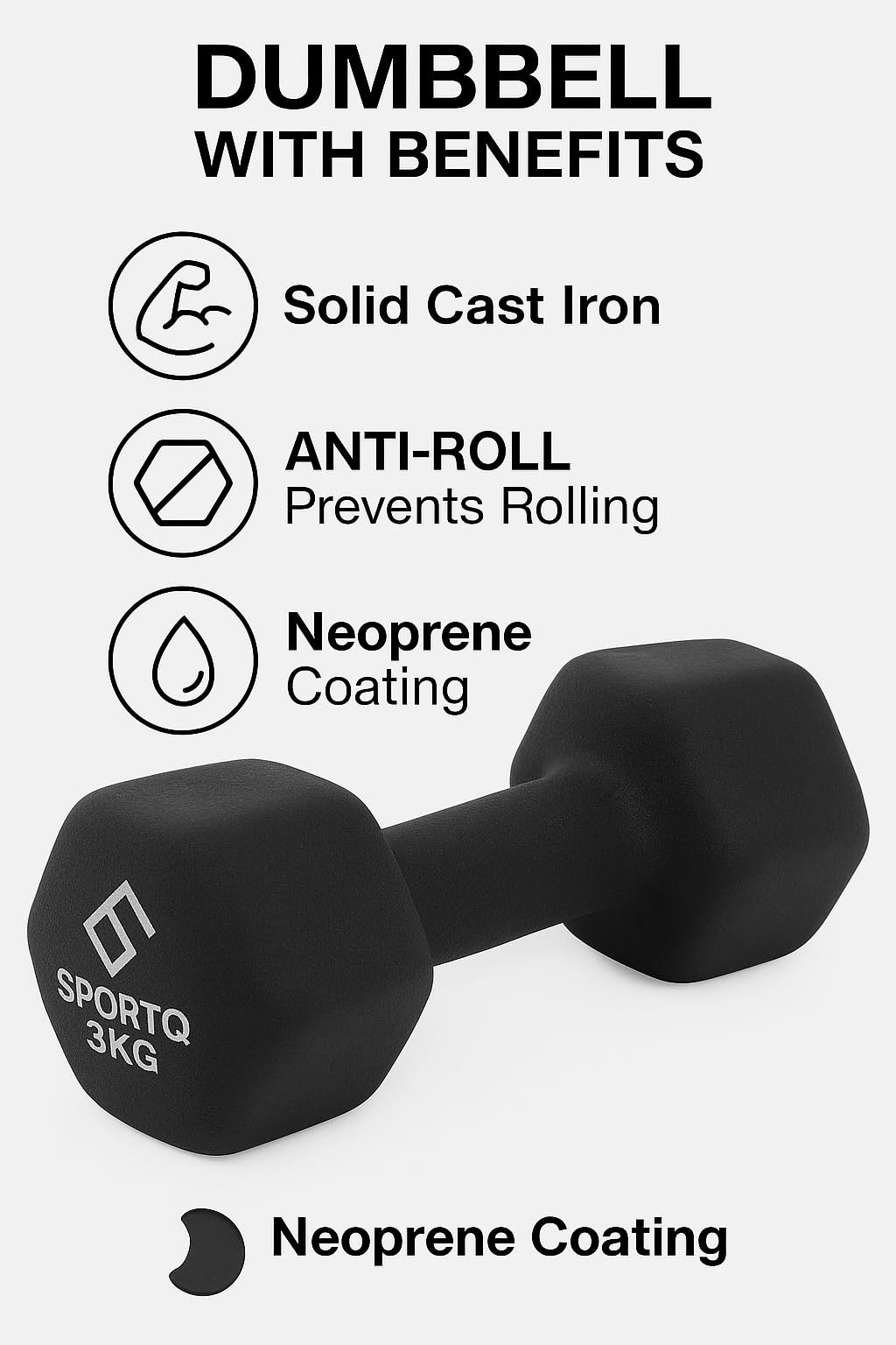 SportQ Hex Dumbbell Pair 1 to 5 Kg – Non-Slip & Rustproof Neoprene Coated Hand Weights for Strength Training & Muscle Toning – Suitable for Women, Men, Home, Gym (2 Pack) ‎SportQ