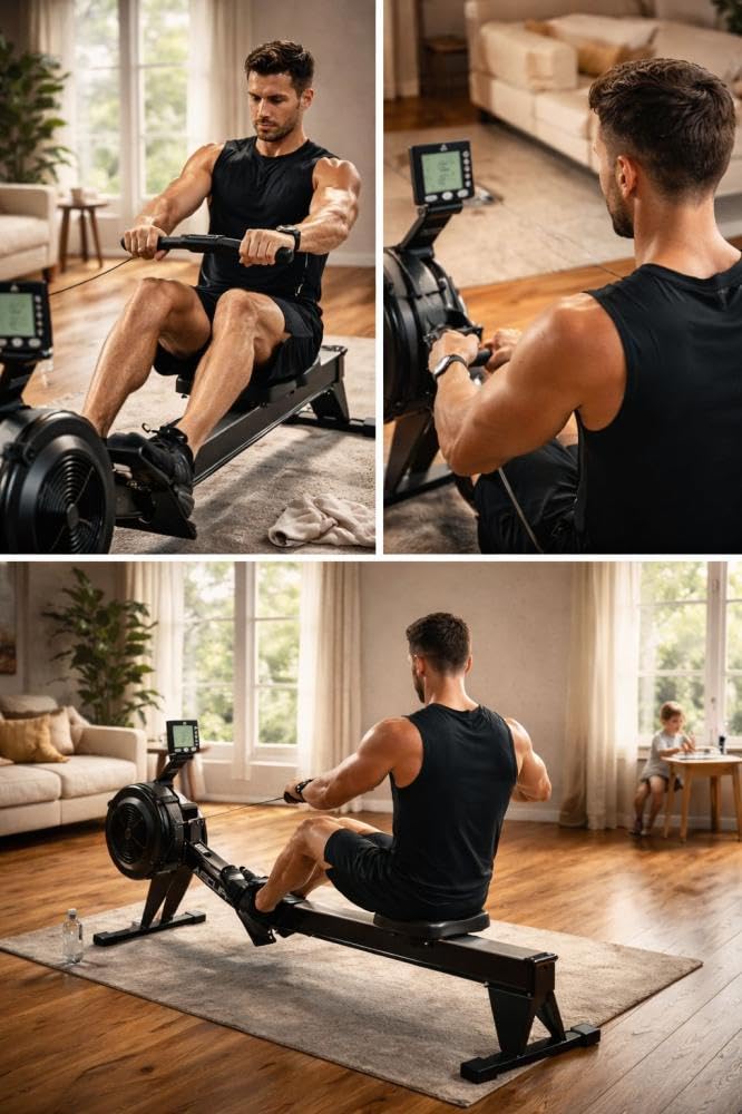 جهاز روينج ماشين Air Rower احترافي بمقاومة هوائية، شاشة رقمية LCD، قابل للطي والتخزين، يتحمل 200 كجم، لياقة وكارديو وتمرين كامل للجسم
