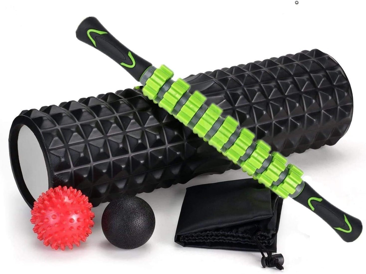 SportQ 5 in 1 Massage Roller Set for Sports & Recovery – Muscle Massage Foam Roller with Massage Stick, 2 Balls, Carry Bag, Ideal for Gym, Yoga, Physical Therapy (Black) ‎SportQ