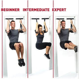 Three people demonstrating beginner, intermediate, and expert pull-up bar exercises using arm straps for home gym fitness, SportQ Egypt equipment.