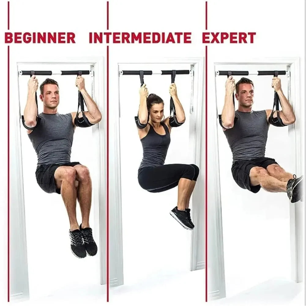 Three people demonstrating beginner, intermediate, and expert pull-up bar exercises using arm straps for home gym fitness, SportQ Egypt equipment.