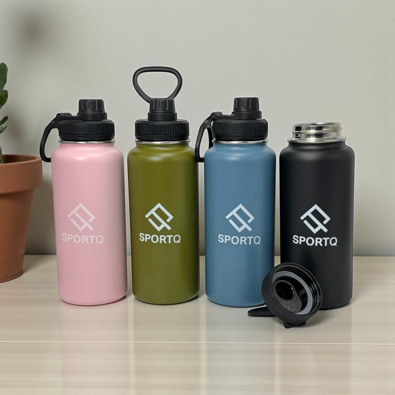SportQThermal Water Bottle 1000ml SUS304 Stainless Steel – 6 Hours Hot & 12 Hours Cold Insulated – Leak Proof with Strong Handle – Suitable for Gym, Trips, School (Army Green, X-Hydrate) ‎SportQ