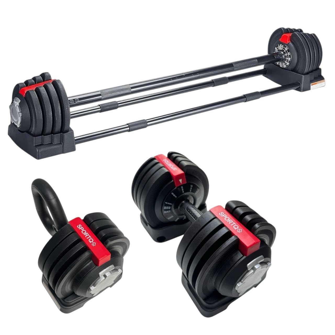 SportQ 24 Kg 3 in 1 Multifunctional Dumbbell Set - Kettlebell - Single Dumbbell Barbell - 12 Adjustable Weight Settings - Fitness Connecting Bar SportQ