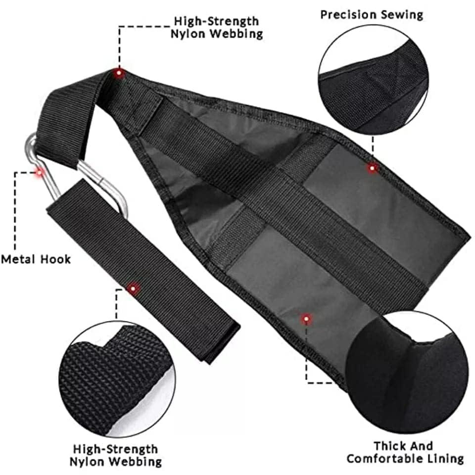 Black nylon gym ankle strap with metal hook, precision stitching, and thick comfortable padding