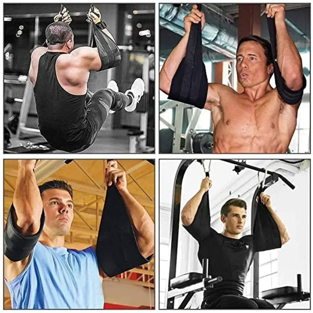 Men using ab sling straps for pull-ups and core exercises in gym, SportQ fitness equipment Egypt.