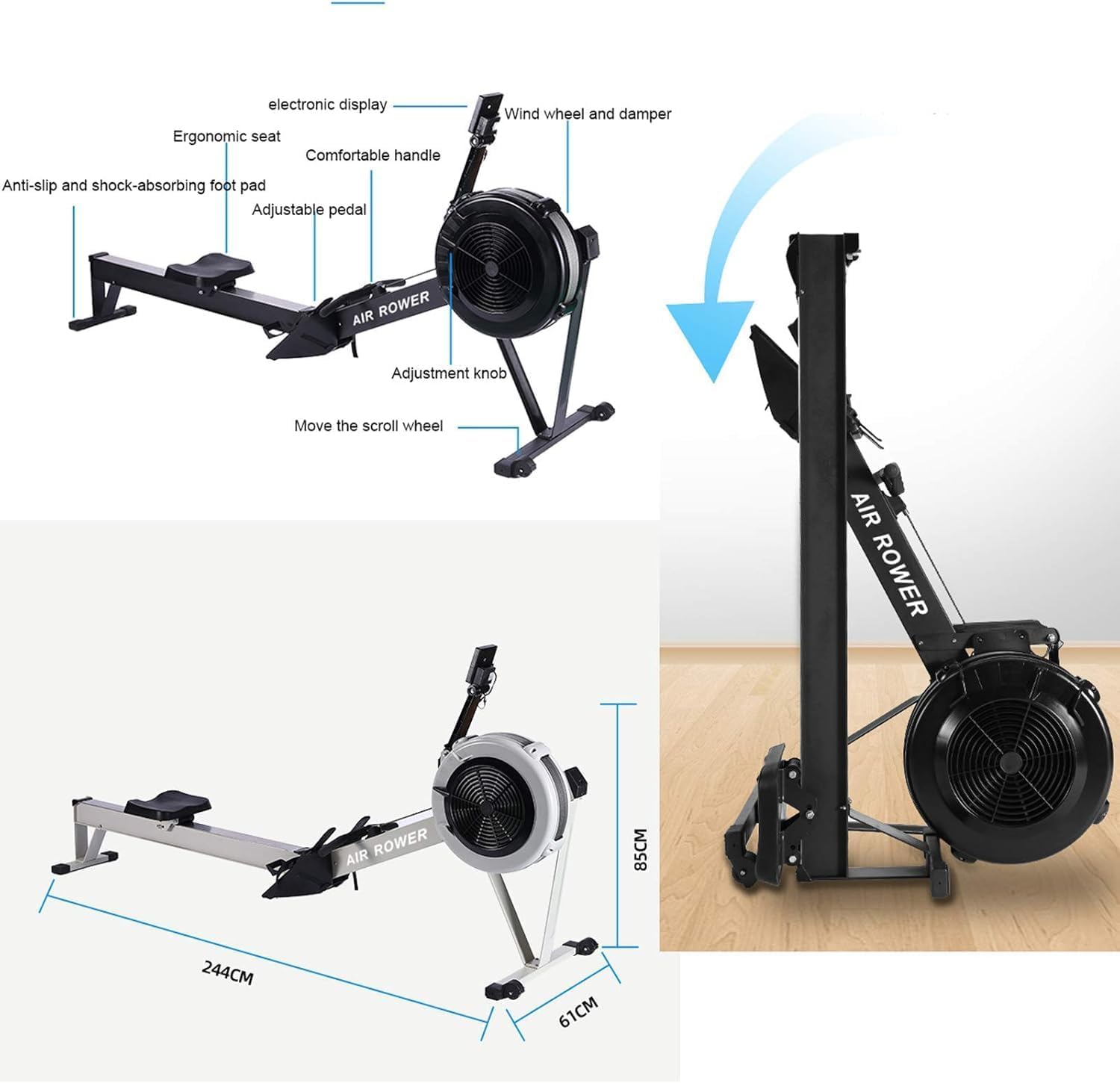 جهاز روينج ماشين Air Rower احترافي بمقاومة هوائية، شاشة رقمية LCD، قابل للطي والتخزين، يتحمل 200 كجم، لياقة وكارديو وتمرين كامل للجسم