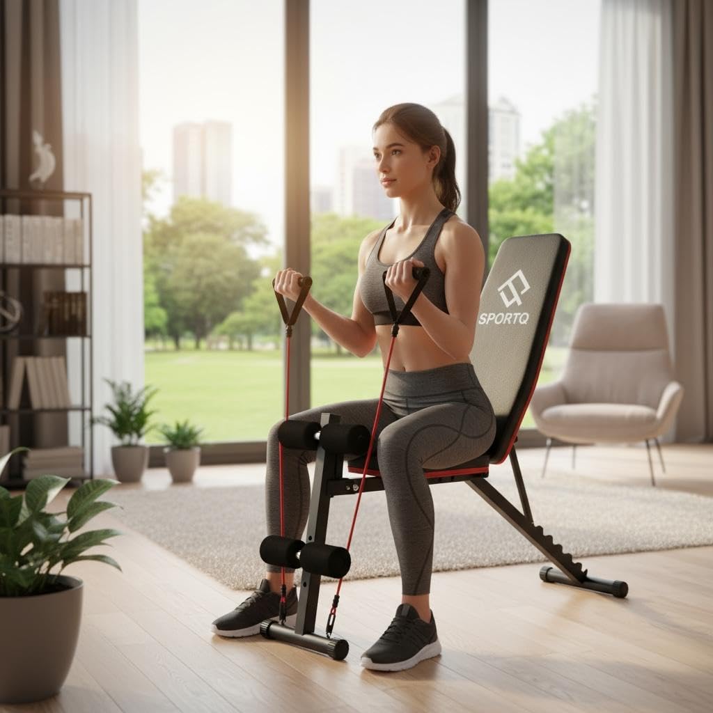 SportQ Adjustable Weight Bench Foldable Exercise Bench 250kg Large Capacity Elastic Ropes for Home Gym Strength Training Full Body Fitness Sit Up Flat Incline ‎SportQ
