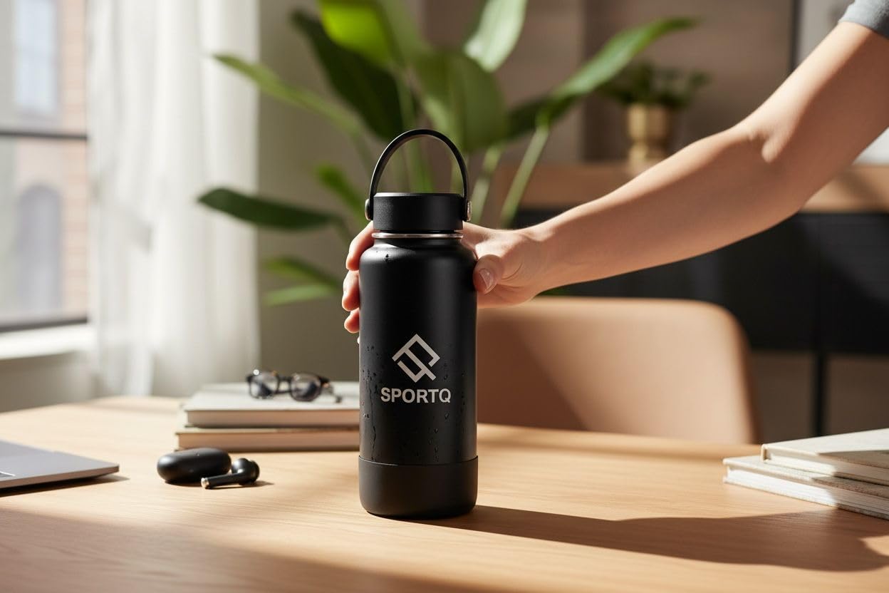 SportQThermal Water Bottle 1000ml SUS304 Stainless Steel – 6 Hours Hot & 12 Hours Cold – Leakproof Water Bottle with Strong Handle – Suitable for Gym, Trips, School (SetGo Bottle) ‎SportQ