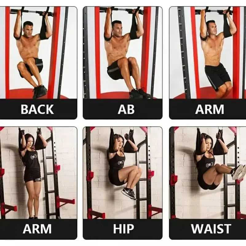Men and women demonstrating arm, ab, back, hip, and waist exercises on pull-up bar with straps at SportQ.