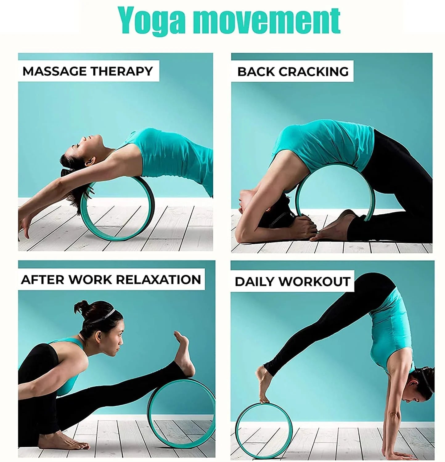 Woman demonstrating yoga and stretching exercises with a yoga wheel for massage, relaxation, and workouts.
