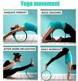 Woman demonstrating yoga and stretching exercises with a yoga wheel for massage, relaxation, and workouts.