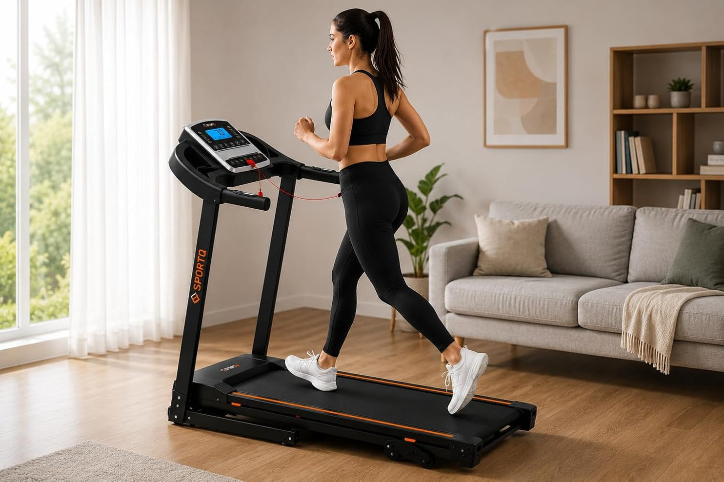 مشاية جري منزلية منزلية قابلة للطي، تتحمل حتى 120 كجم، شاشة LCD متعددة الوظائف، نظام امتصاص صدمات وعجلات لسهولة النقل والتخزين