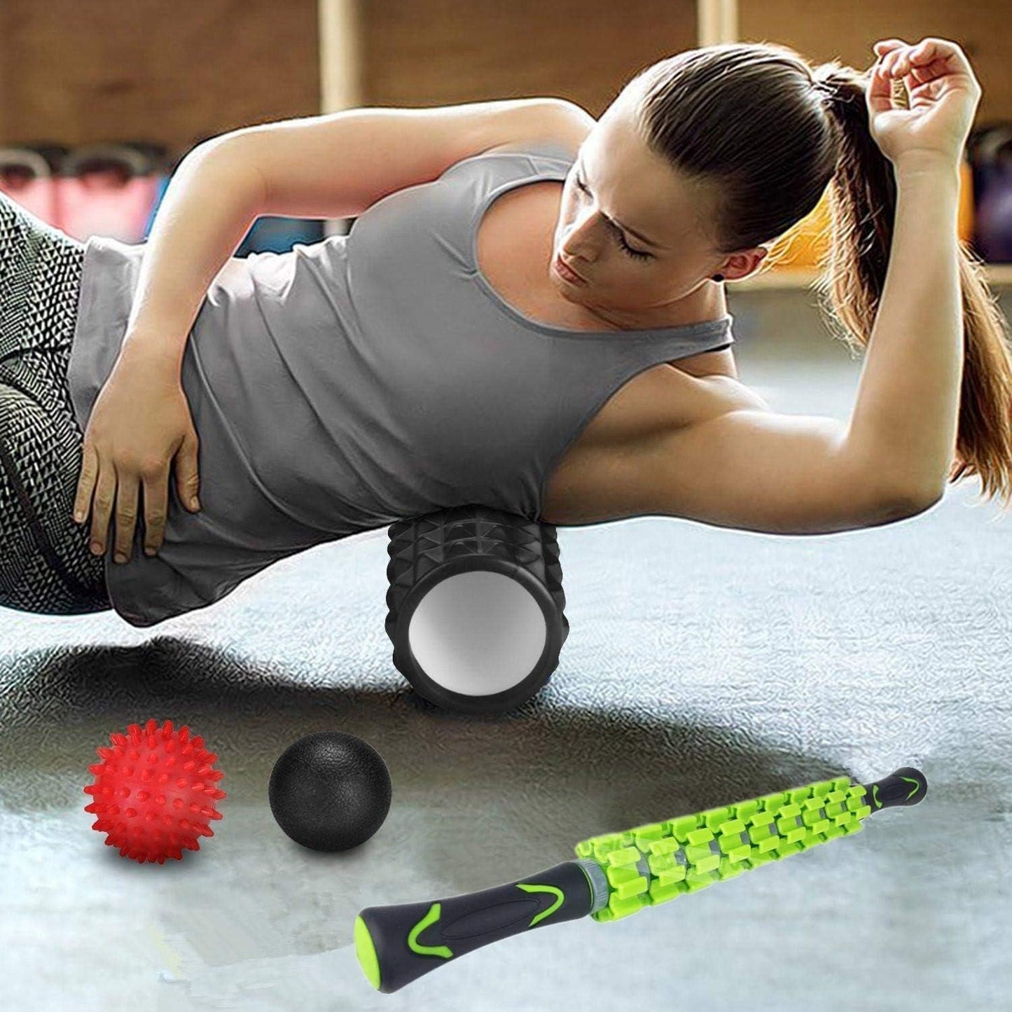 SportQ 5 in 1 Massage Roller Set for Sports & Recovery – Muscle Massage Foam Roller with Massage Stick, 2 Balls, Carry Bag, Ideal for Gym, Yoga, Physical Therapy (Black) ‎SportQ
