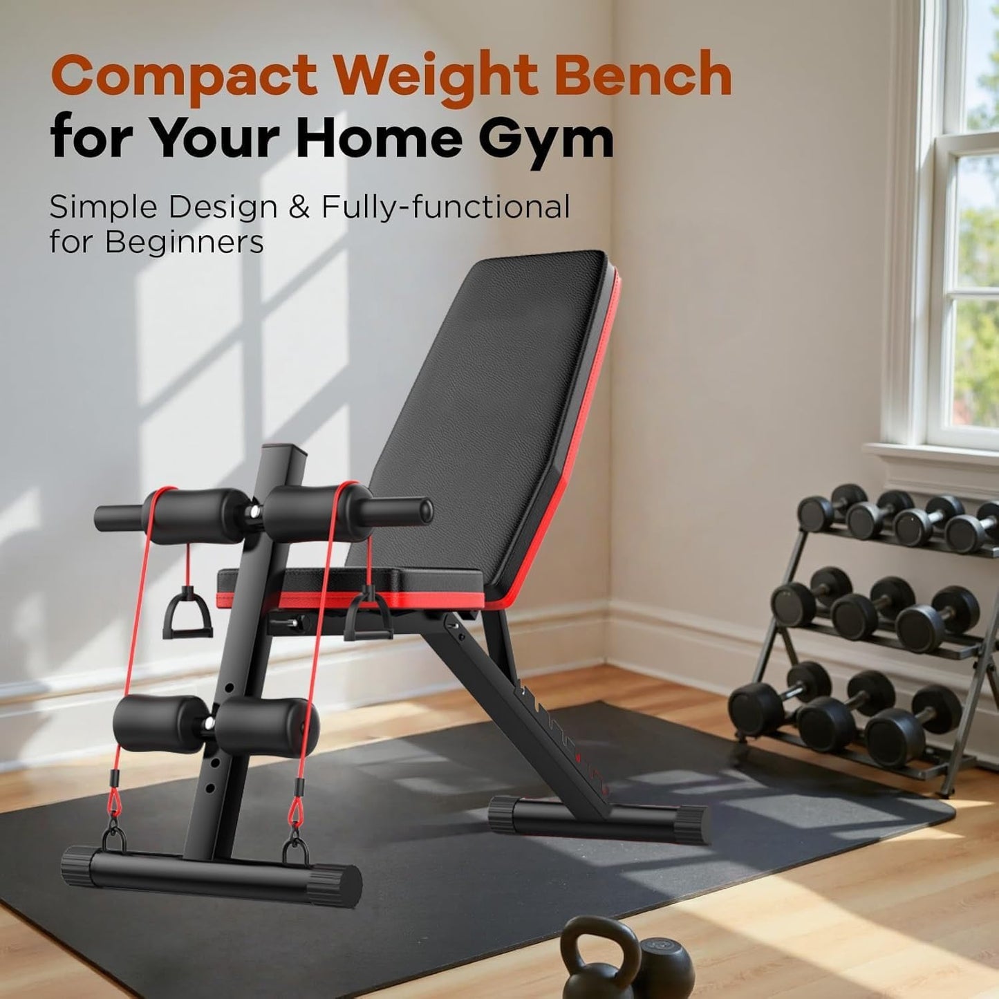 SportQ Adjustable Weight Bench Foldable Exercise Bench 250kg Large Capacity Elastic Ropes for Home Gym Strength Training Full Body Fitness Sit Up Flat Incline ‎SportQ