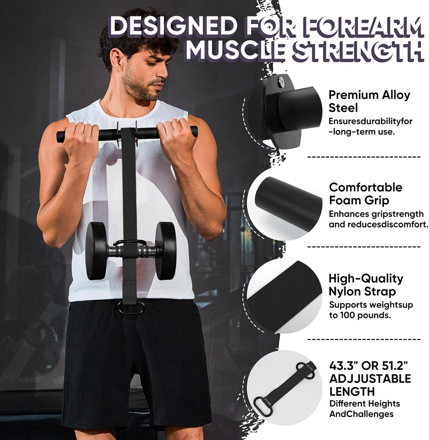 SportQ Forearm & Wrist Strengthener - Metal Roller with Adjustable Nylon Strap to Improve Arm Strength, Wrist & Forearm Exercise, Grip & Flexibility – Suitable for Dumbbells & Weights ‎SportQ
