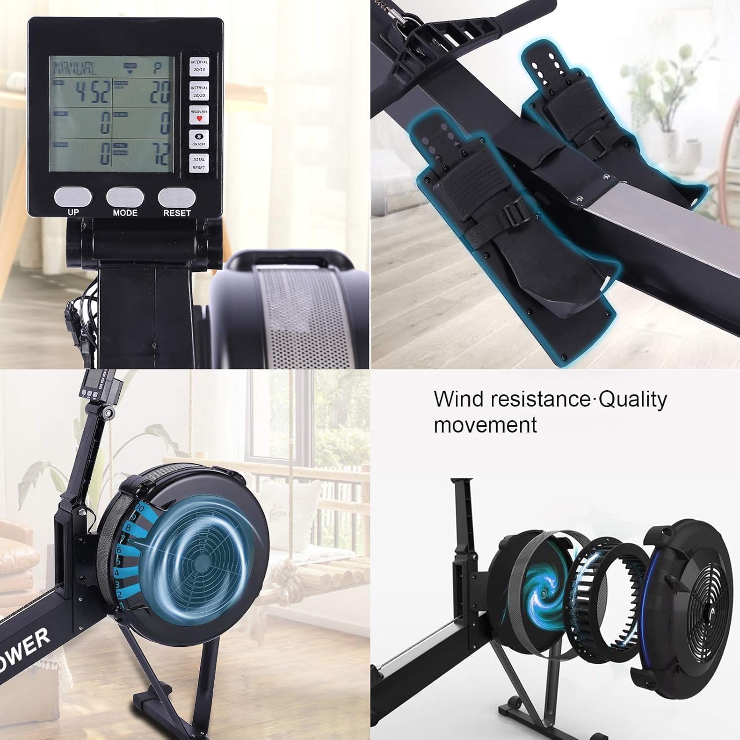 جهاز روينج ماشين Air Rower احترافي بمقاومة هوائية، شاشة رقمية LCD، قابل للطي والتخزين، يتحمل 200 كجم، لياقة وكارديو وتمرين كامل للجسم