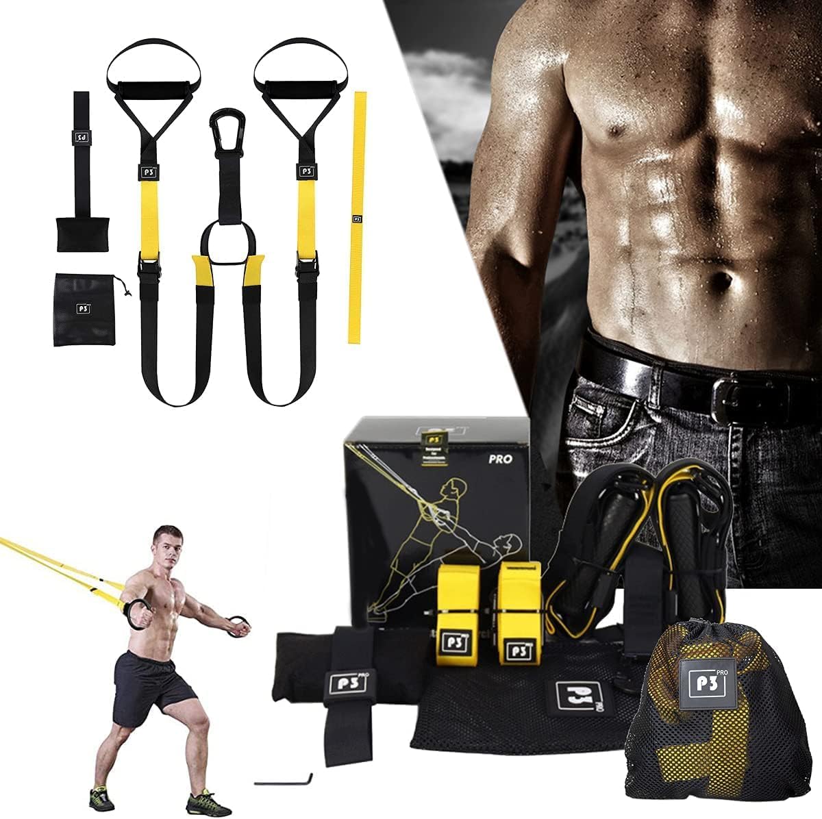 Pro3 Suspension Training Set, Resistance Bands for Full Body Training Levels Indoor and Outdoor Use, Adjustable Straps Up to 500kg, Complete Home Gym Equipment SportQ