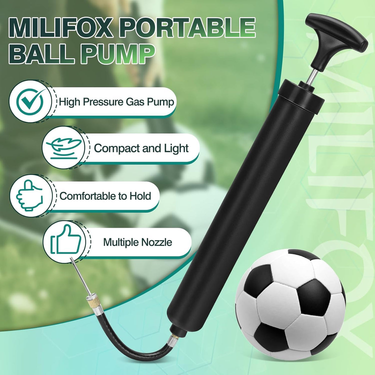 SportQ Premium Portable Ball Pump – High Pressure Hand Air Pump with Flexible Hose & Multiple Nozzles for Inflating Football, Basketball, Volleyball, Balloons, Floats – Compact Portable Size SportQ