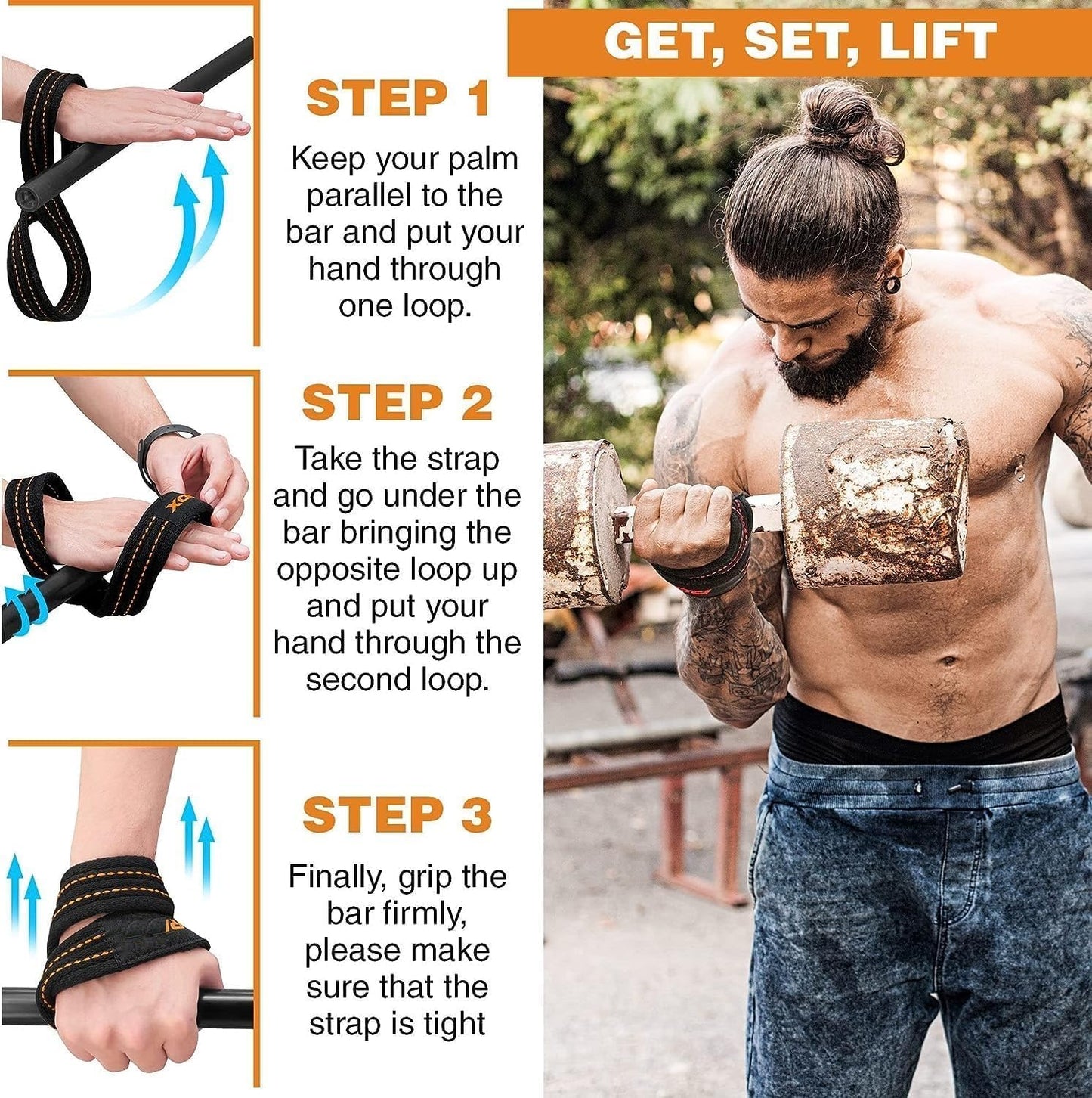 SportQWeight Lifting Grips with Wrist Straps, Strong and Durable 8 Shape Lifting Straps for Men and Women Suitable for Strength Training, 2 Pack, Tensioner SportQ