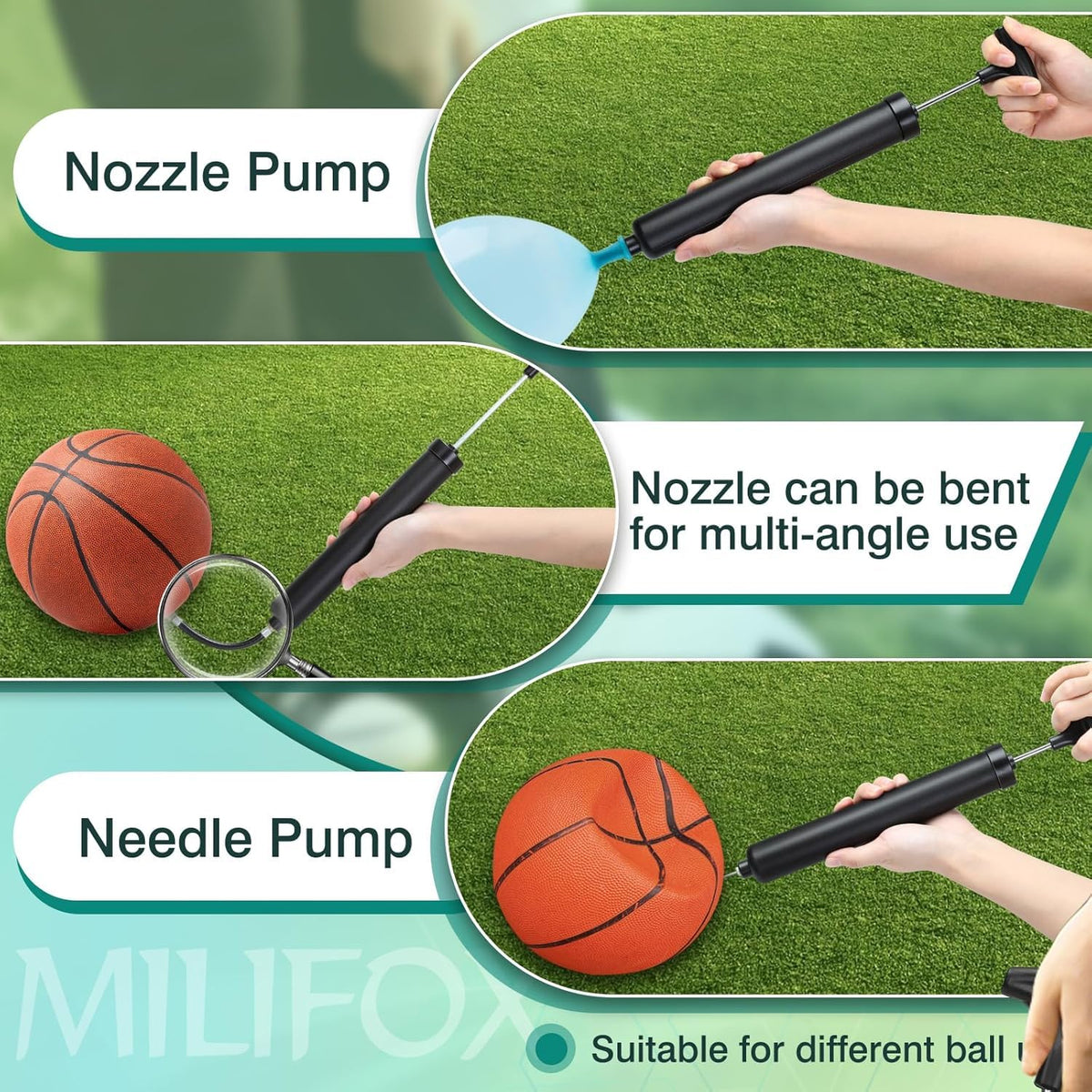 SportQ Premium Portable Ball Pump – High Pressure Hand Air Pump with Flexible Hose & Multiple Nozzles for Inflating Football, Basketball, Volleyball, Balloons, Floats – Compact Portable Size SportQ