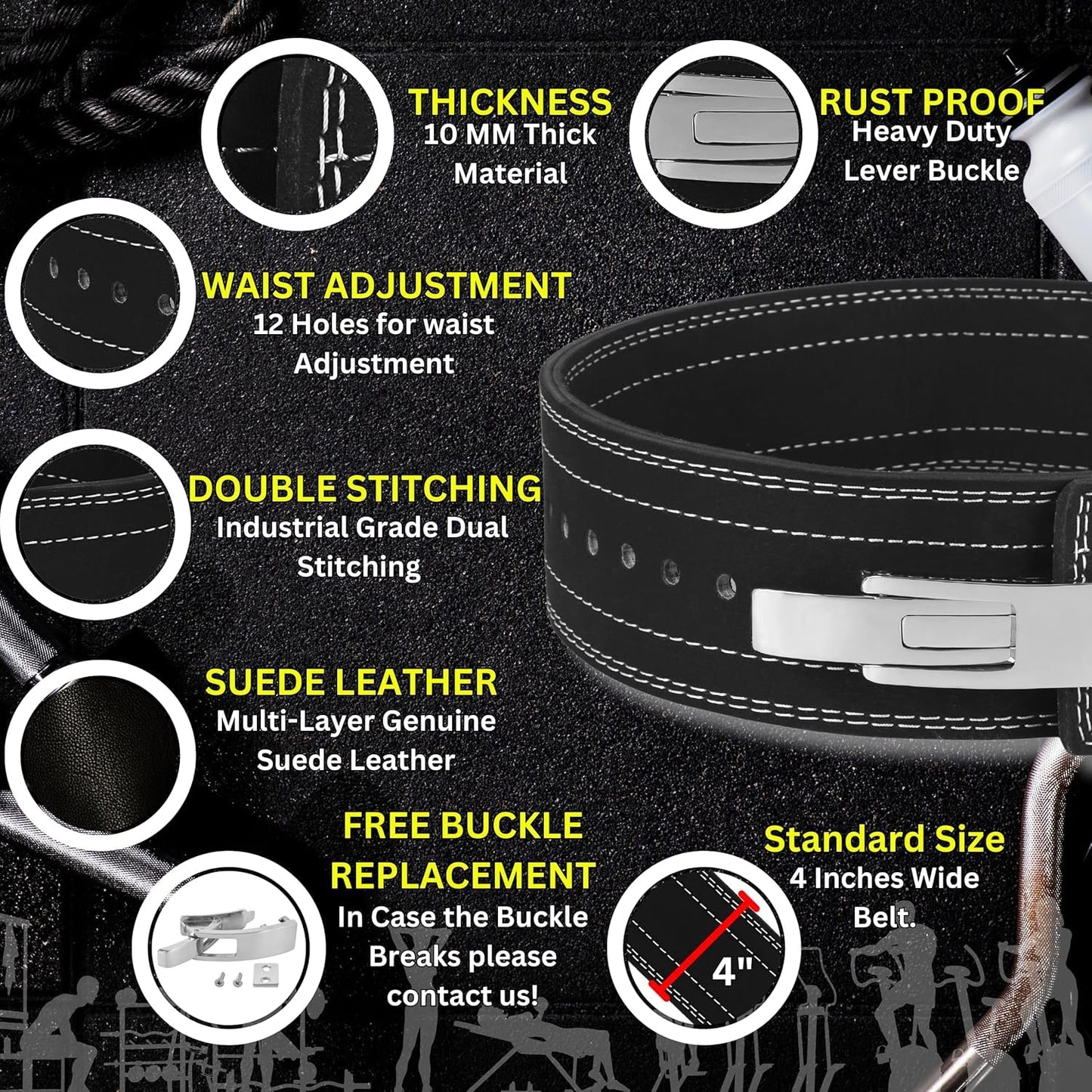 Weightlifting Belt for Men and Women 10mm Thick Leather IPF Weight Lifting Belt Ideal for Gym Belts, Training, Weightlifting, Bodybuilding, Squats, Deadlifts ‎SportQ