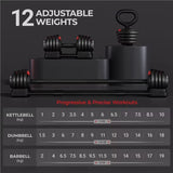 SportQ 24 Kg 3 in 1 Multifunctional Dumbbell Set - Kettlebell - Single Dumbbell Barbell - 12 Adjustable Weight Settings - Fitness Connecting Bar SportQ