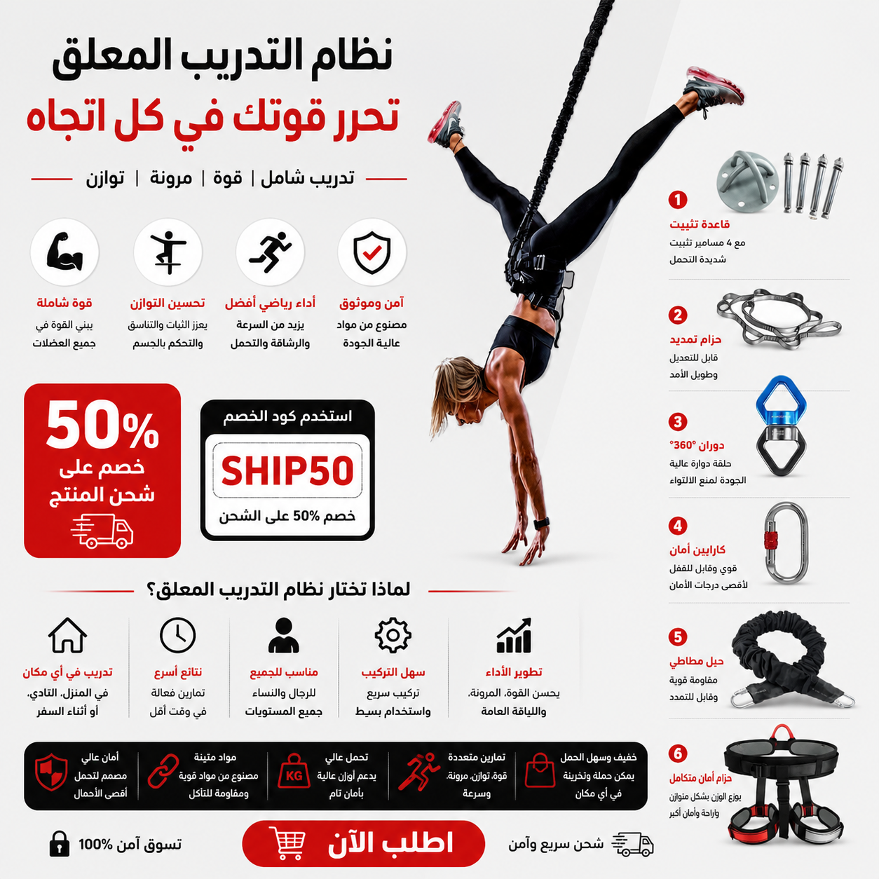 حبل يوغا معلق احترافي مع حزام أمان كامل – عدة تدريب اليوغا الهوائية مع قاعدة تثبيت سقفية – مقاومة عالية حتى 200 كجم – تمارين لياقة، شد الجسم، وإعادة التأهيل في المنزل أو الجيم