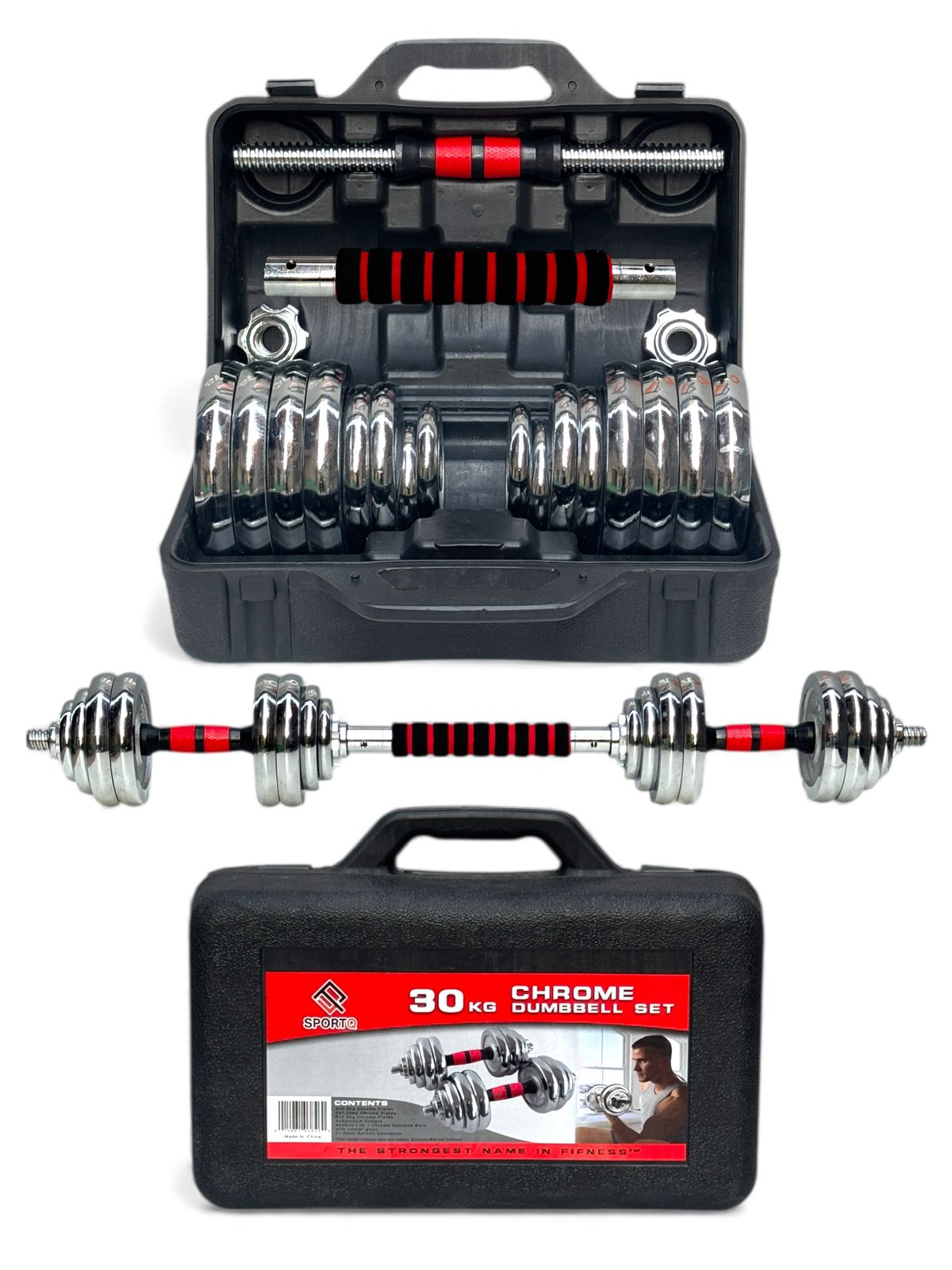 SportQ® 2-in-1 Chrome Steel Adjustable Dumbbell Set with Premium Chrome Carrying Case with Connector Bar - Converts in Seconds from Pair Dumbbell to Bar for Strength Training ‎SportQ