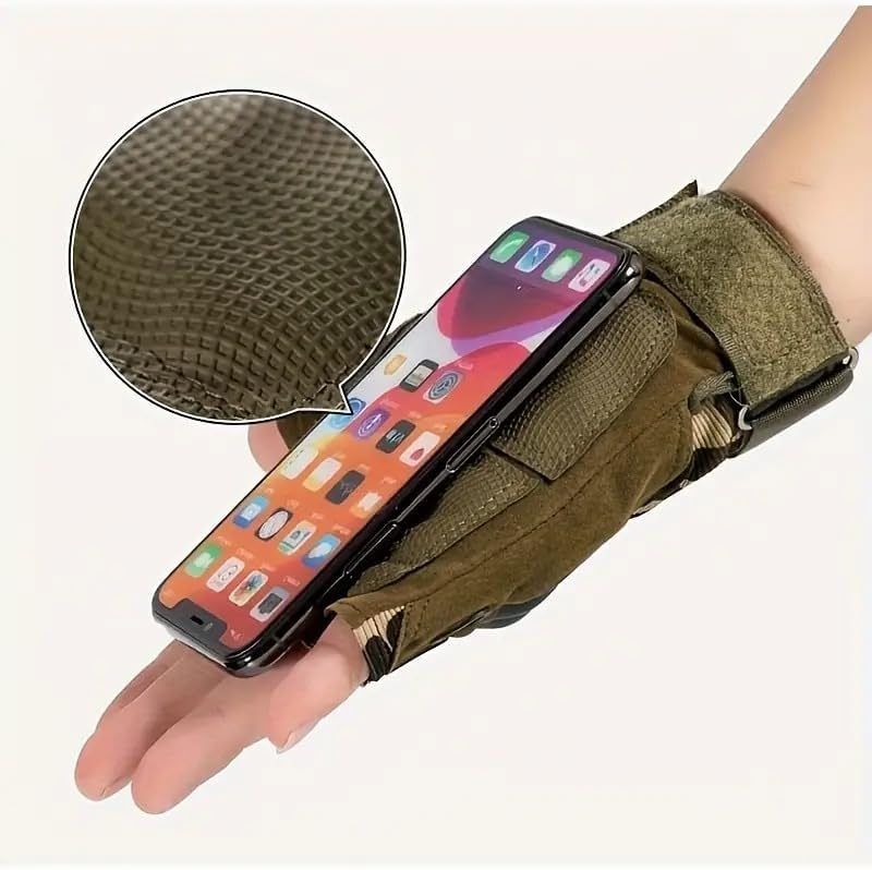 Fingerless tactical gloves featuring a wrist-mounted phone holder, textured fabric for grip, and secure fit for outdoor training and active use.
قفازات بدون أصابع بتصميم تكتيكي مزودة بحامل هاتف على المعصم وخامة مانعة للانزلاق، مناسبة للتدريب الخارجي والاستخدام العملي.