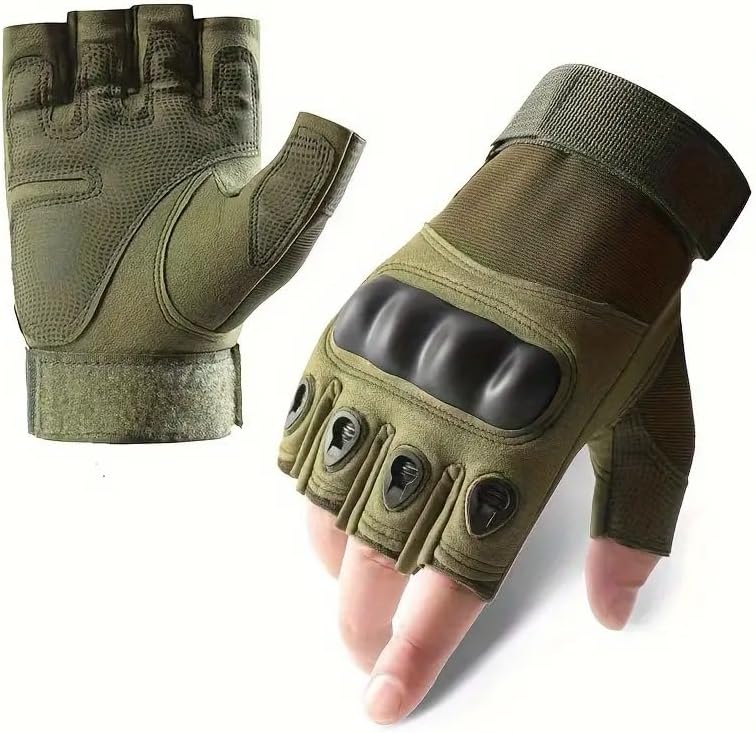 Olive green fingerless combat gloves with hard knuckle guard and reinforced palm, built for durability, grip control, and intense training use.
قفازات قتال بدون أصابع باللون الزيتي مزودة بحماية صلبة لمفاصل اليد وكف معزز، مصممة للتحمل والتحكم في القبضة أثناء التمارين القوية.