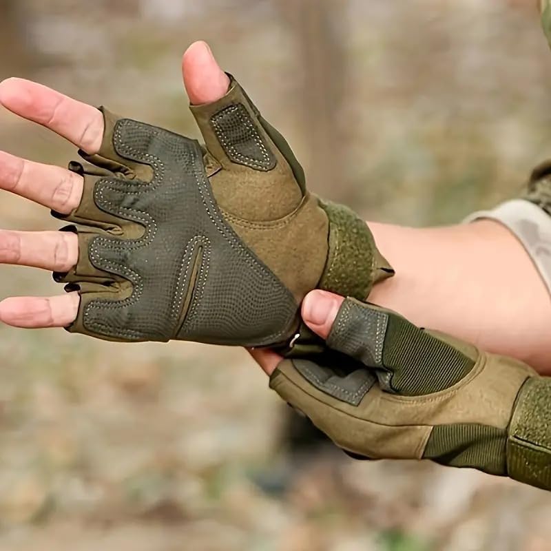 Person wearing fingerless outdoor gloves while adjusting the fit, showing durable fabric, flexible design, and secure grip for active use.
شخص يرتدي قفازات بدون أصابع أثناء ضبط المقاس، توضح خامة متينة وتصميم مرن وقبضة ثابتة للاستخدام الخارجي.