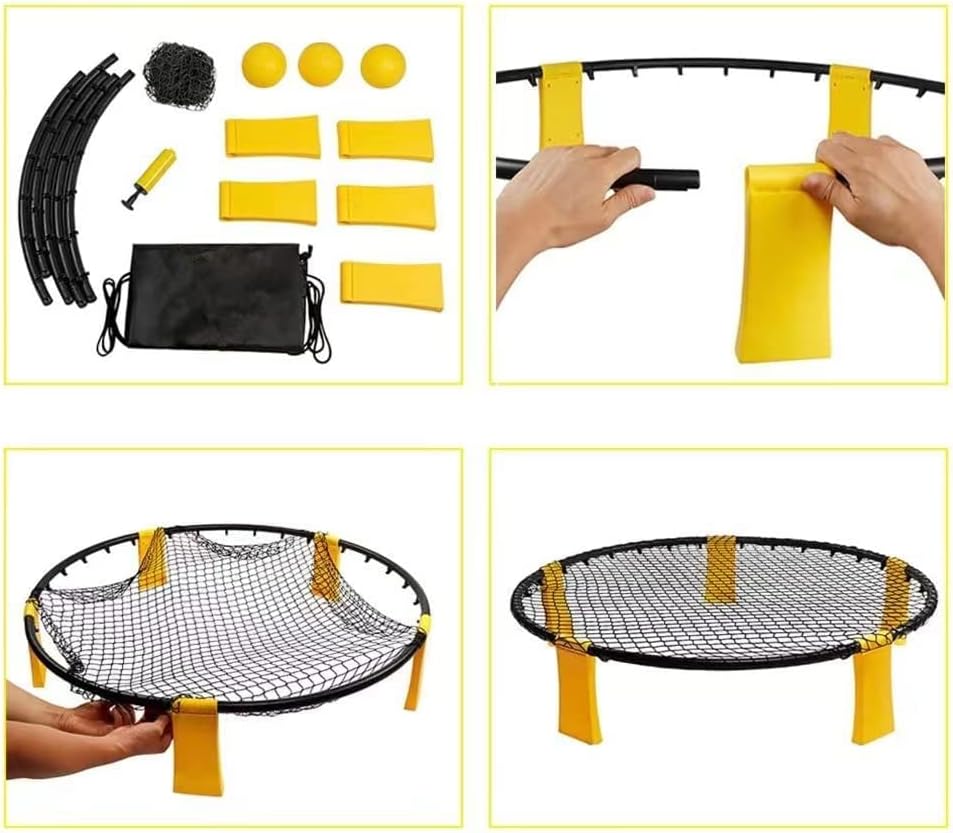 Rebound trainer assembly kit showing net frame parts, elastic straps, balls, and setup steps for quick sports training and skill practice.
طقم تركيب شبكة ارتداد للتدريب يوضح المكونات وطريقة التجميع، مناسب لتدريبات المهارات الرياضية والاستخدام السريع في أي مكان.