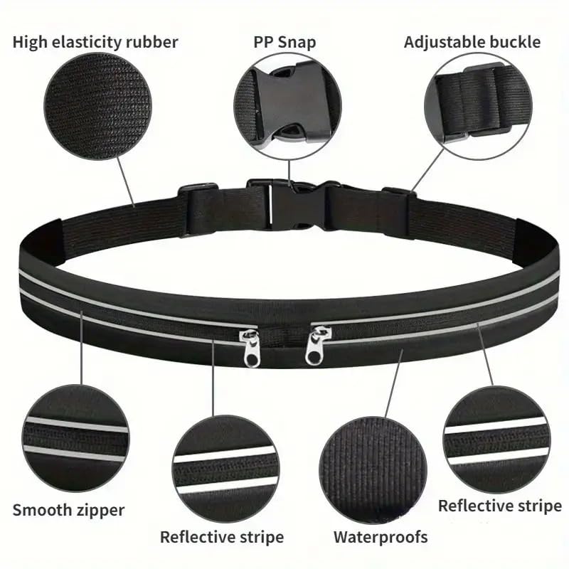 Reflective running waist belt featuring waterproof material, smooth zippers, elastic strap, and adjustable buckle for secure outdoor training and jogging.
حزام خصر للجري مزود بشرائط عاكسة وخامة مقاومة للماء وسوستة ناعمة وحزام قابل للتعديل، مناسب للجري والتمارين الخارجية بأمان.