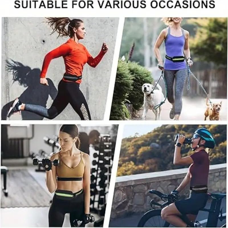 Running waist belt suitable for multiple activities including jogging, dog walking, gym workouts, and cycling, offering hands-free storage during exercise.
حزام خصر رياضي مناسب لمختلف الأنشطة مثل الجري والمشي مع الكلاب والتمارين في الجيم وركوب الدراجات، يوفر حمل مريح بدون استخدام اليدين.