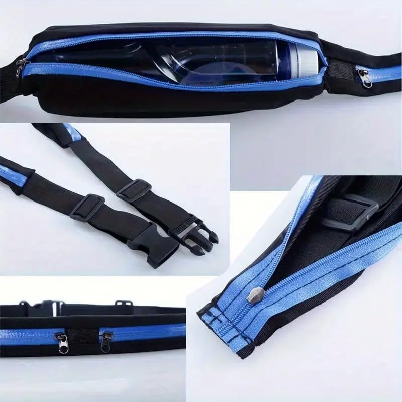 Running waist belt with secure zip compartments and adjustable buckle, designed to hold a water bottle and essentials during workouts and outdoor training.
حزام خصر للجري مزود بجيوب بسوستة وحزام قابل للتعديل، مصمم لحمل زجاجة مياه والأغراض الأساسية أثناء التمارين والأنشطة الخارجية.